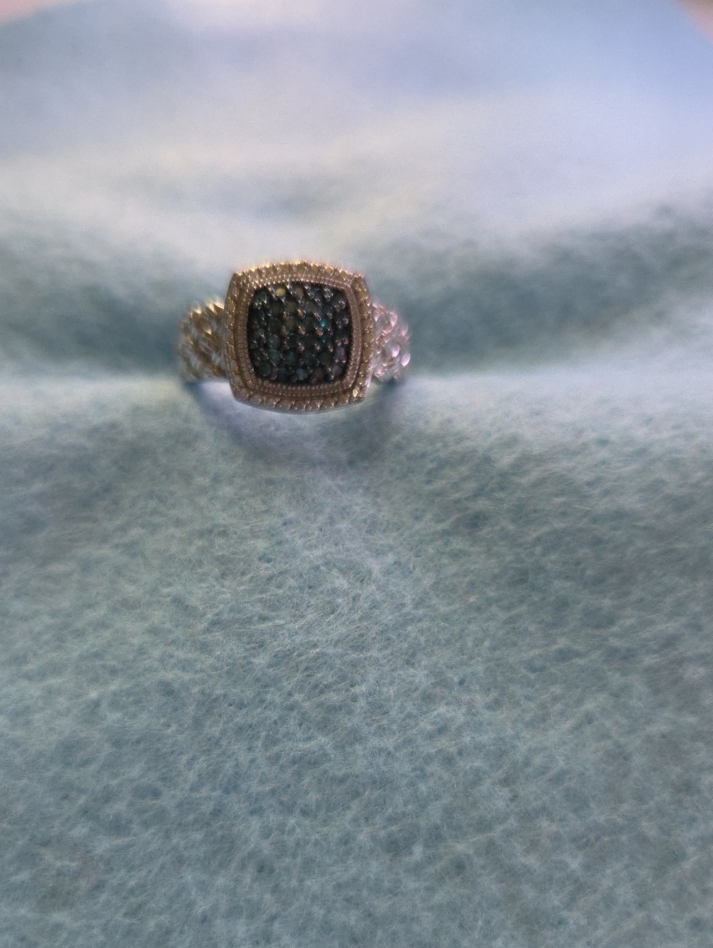 Sterling Silver Blue Pavé Diamond Cushion Cocktail Ring